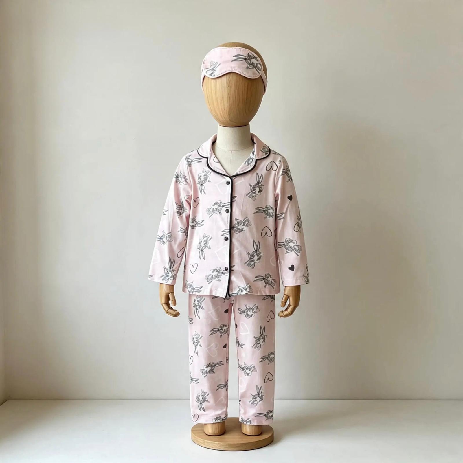 Tavşanlı pembe düğmeli pijama takımı