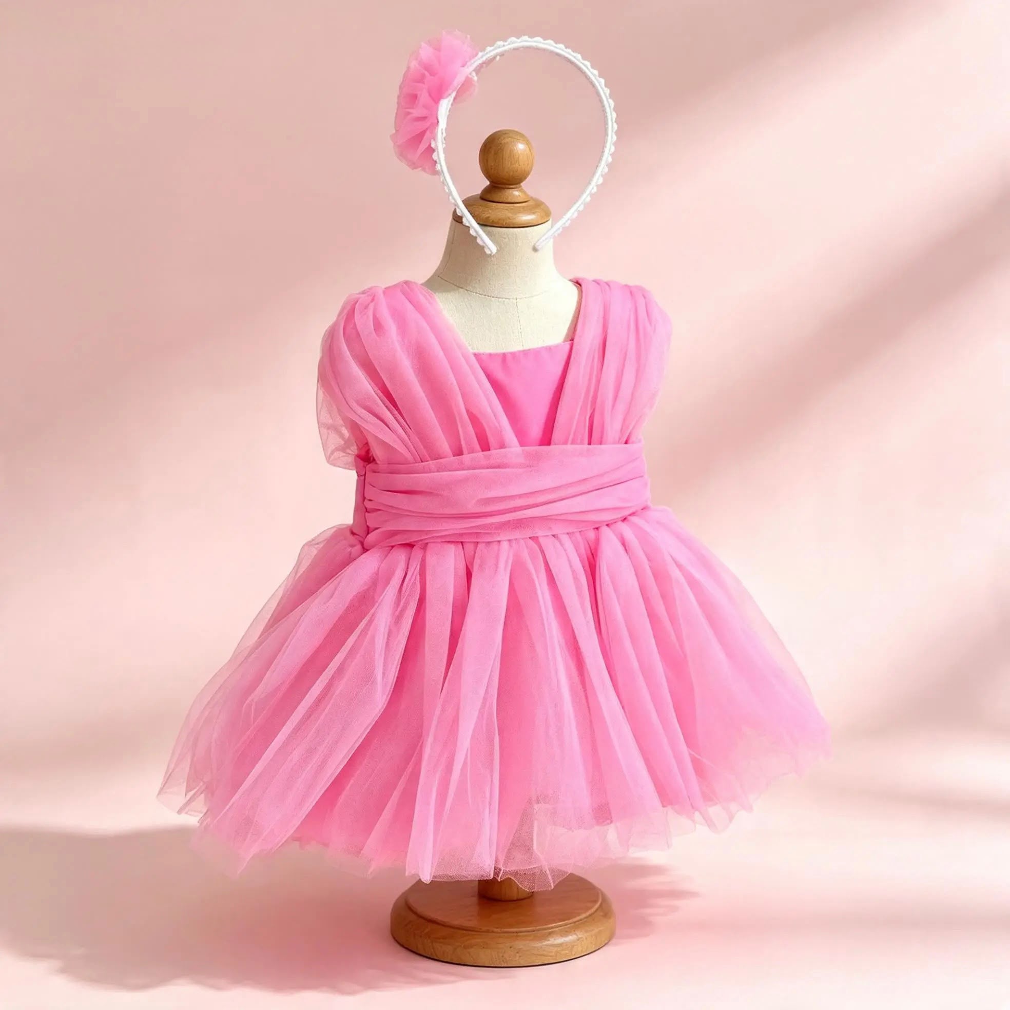 Şeker Pembe Kruvaze Yaka Elbise
