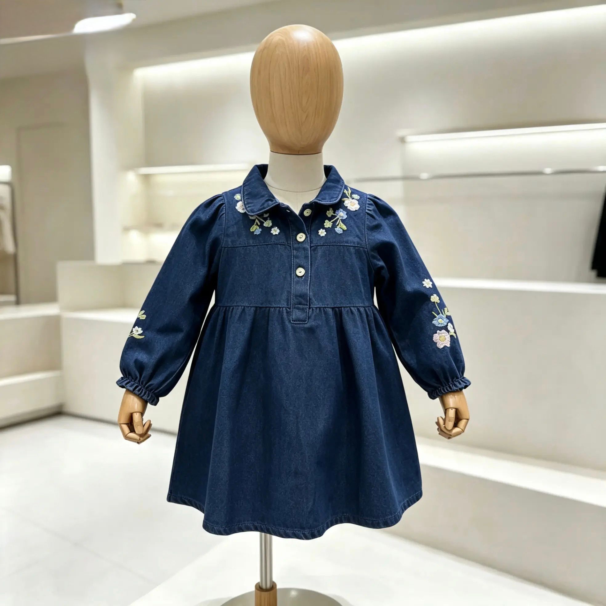Kız Çocuk Çiçek Nakışlı Kot Elbise