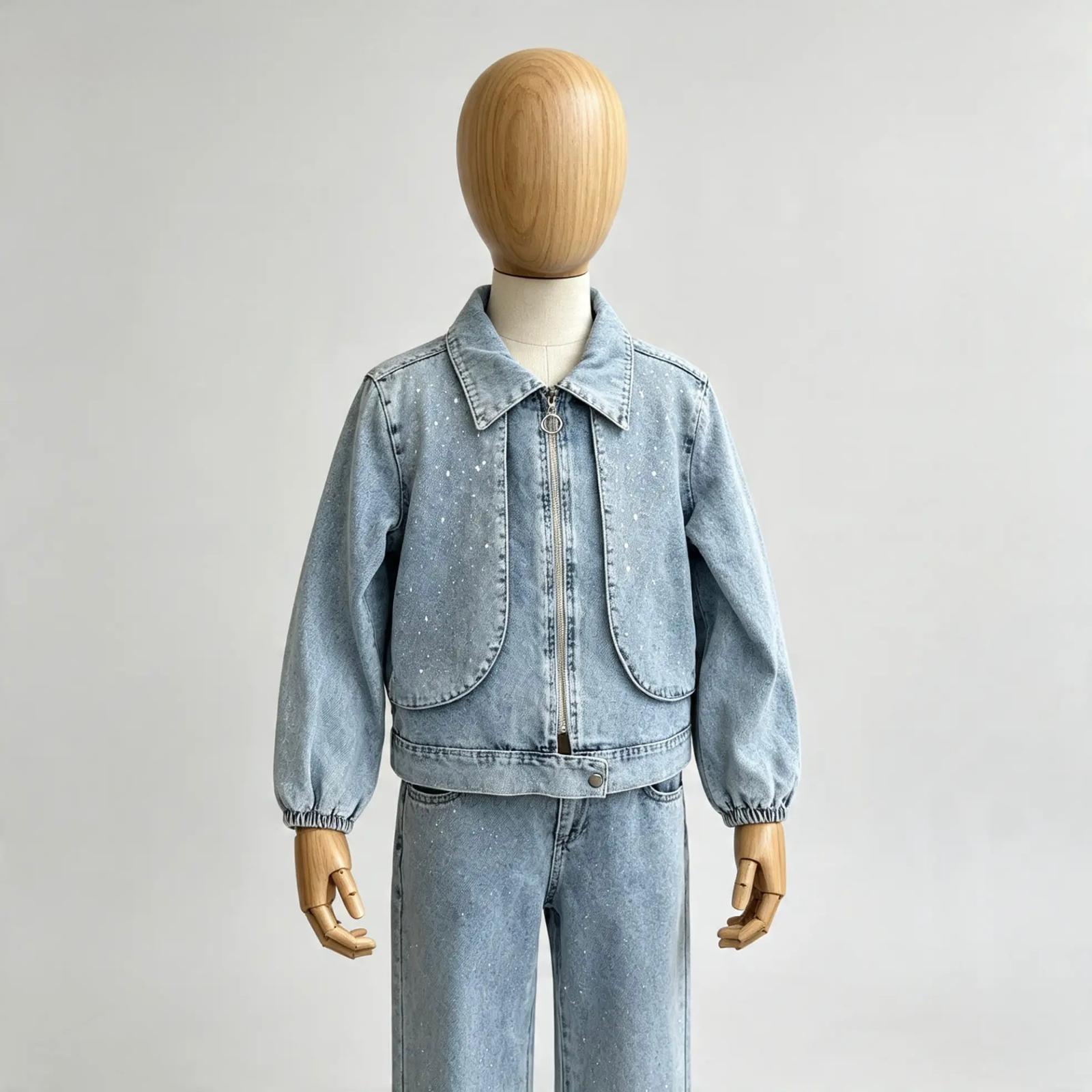Kız Çocuk Taşlı Denim Ceket Takım görsel 2