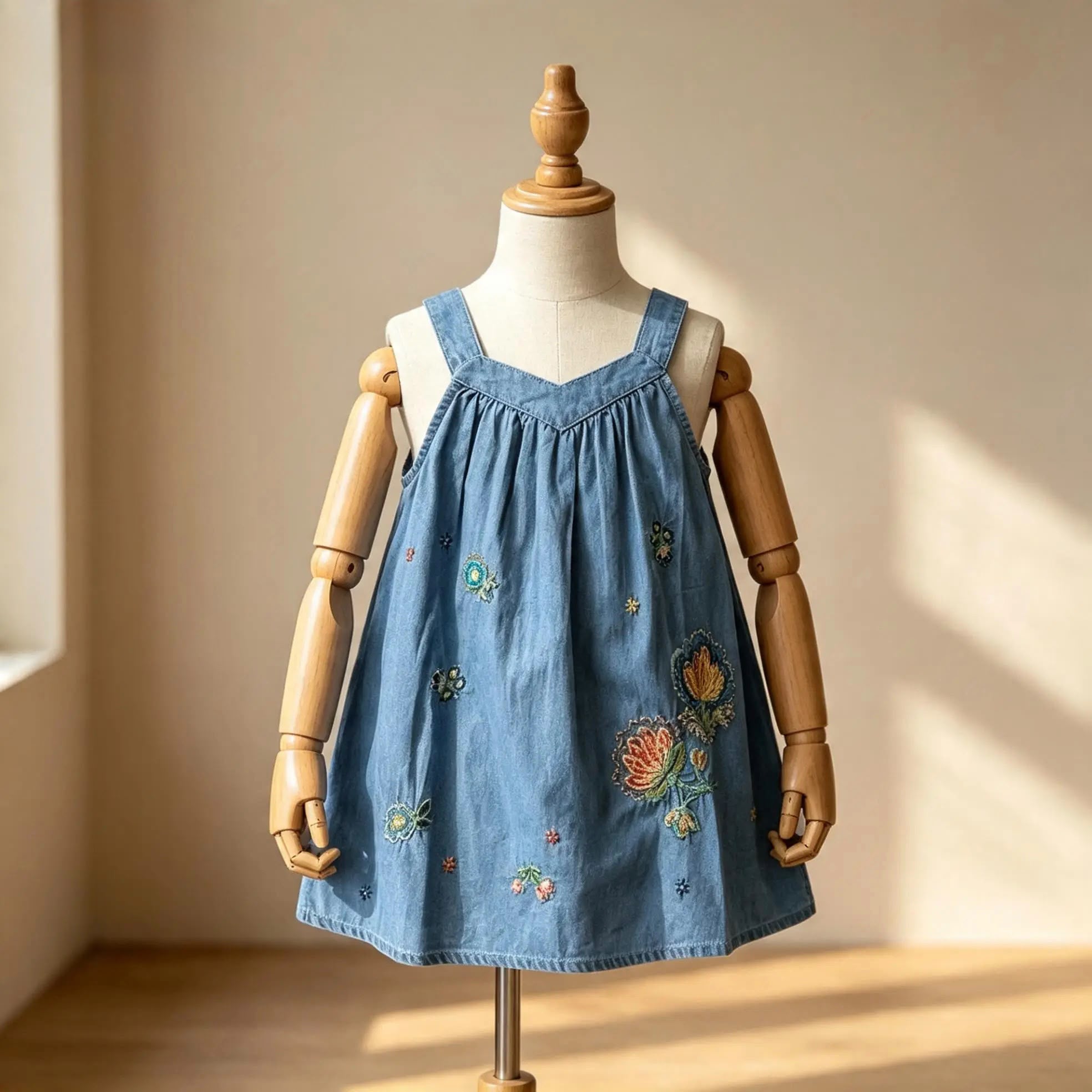 Çiçek Desenli Denim Elbise