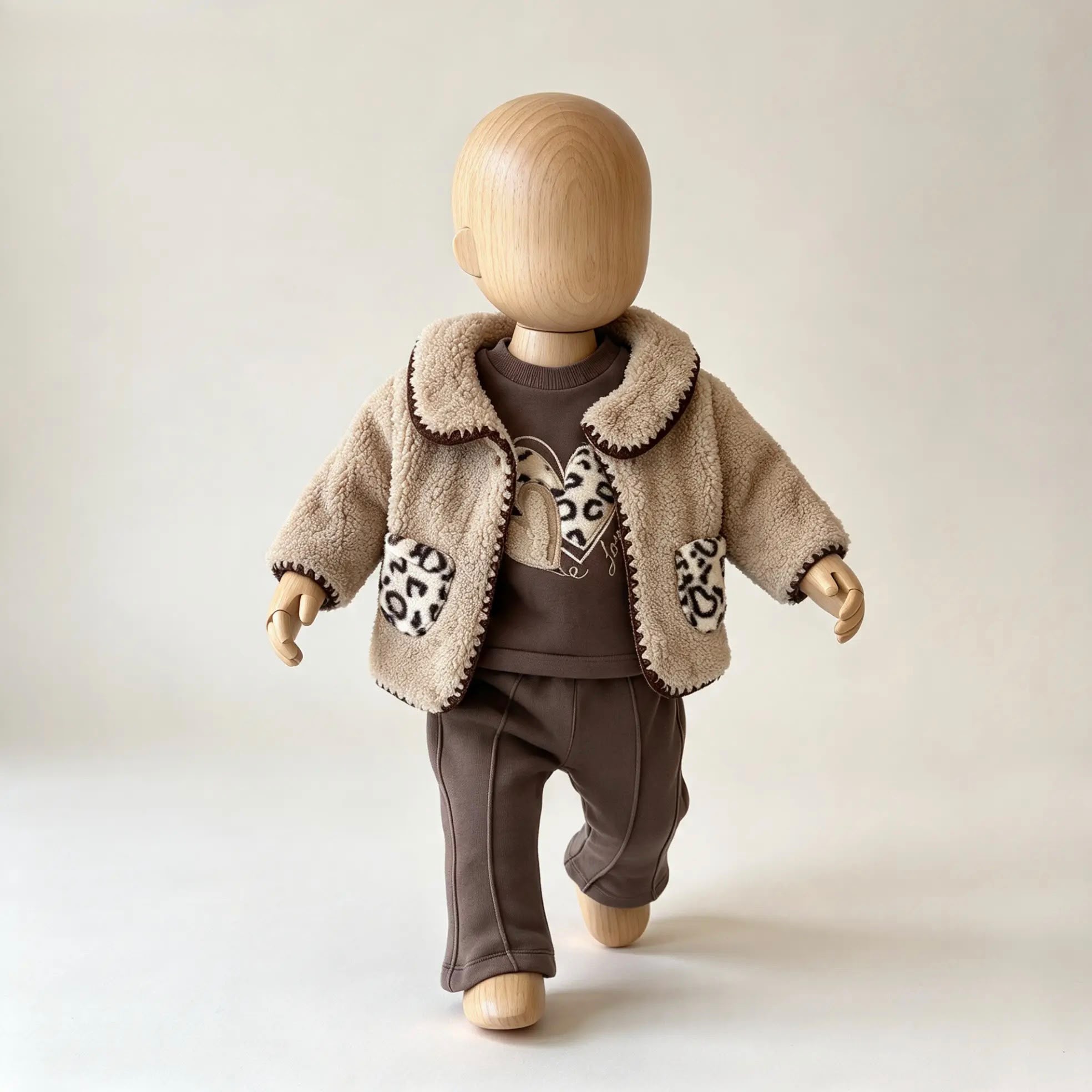 Kız Bebek Leopar Cep Detaylı Peluş 3'lü Takım
