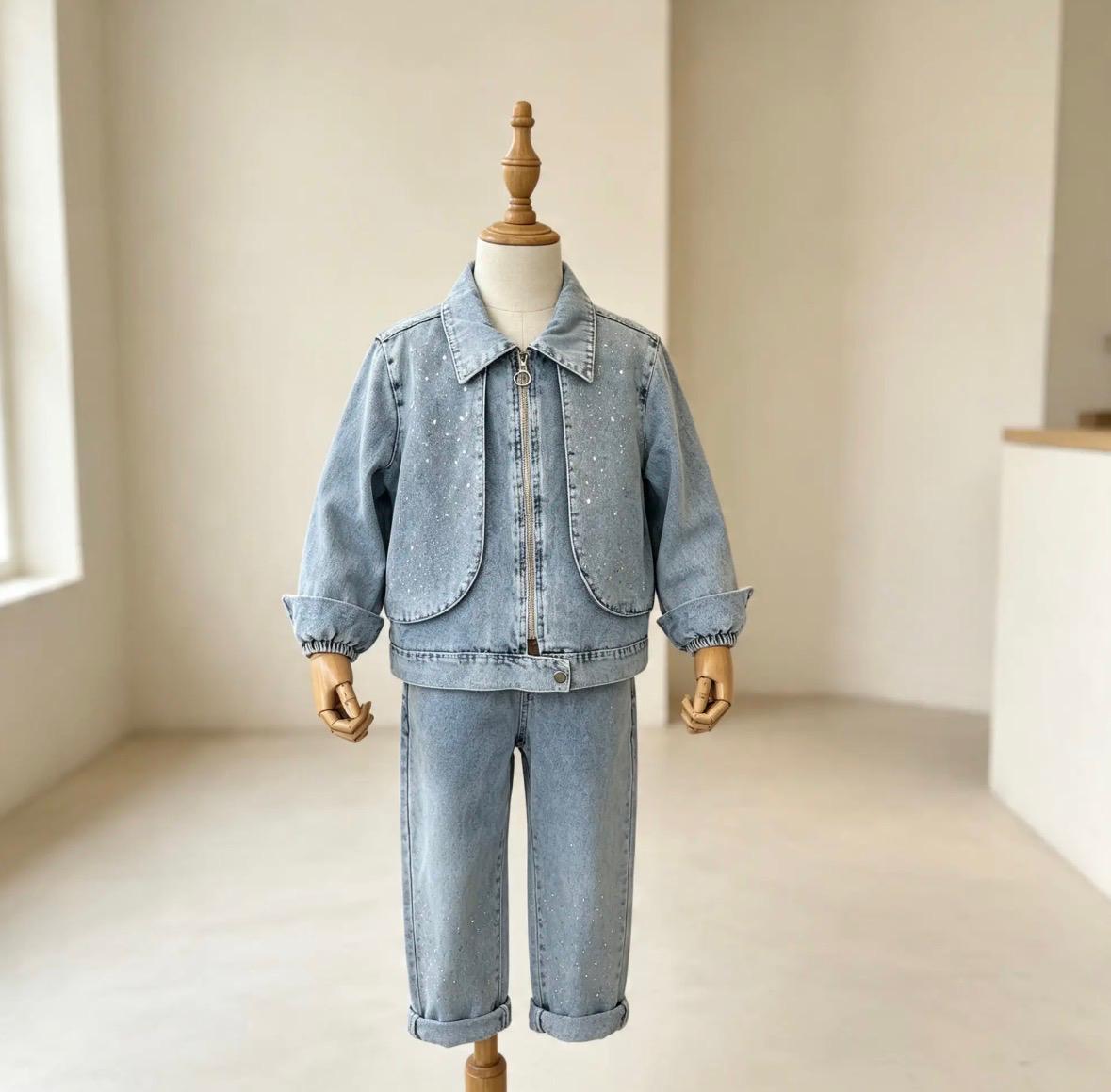 Kız Çocuk Taşlı Denim Ceket Takım